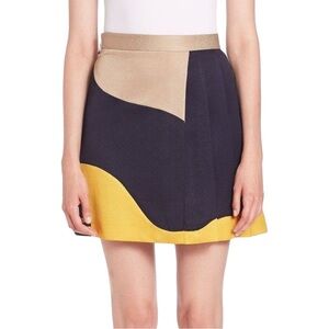 MSGM Swirl Wavy Stripe Print Pleated Skirt Gold Navy Colorblock Size 40 US 4